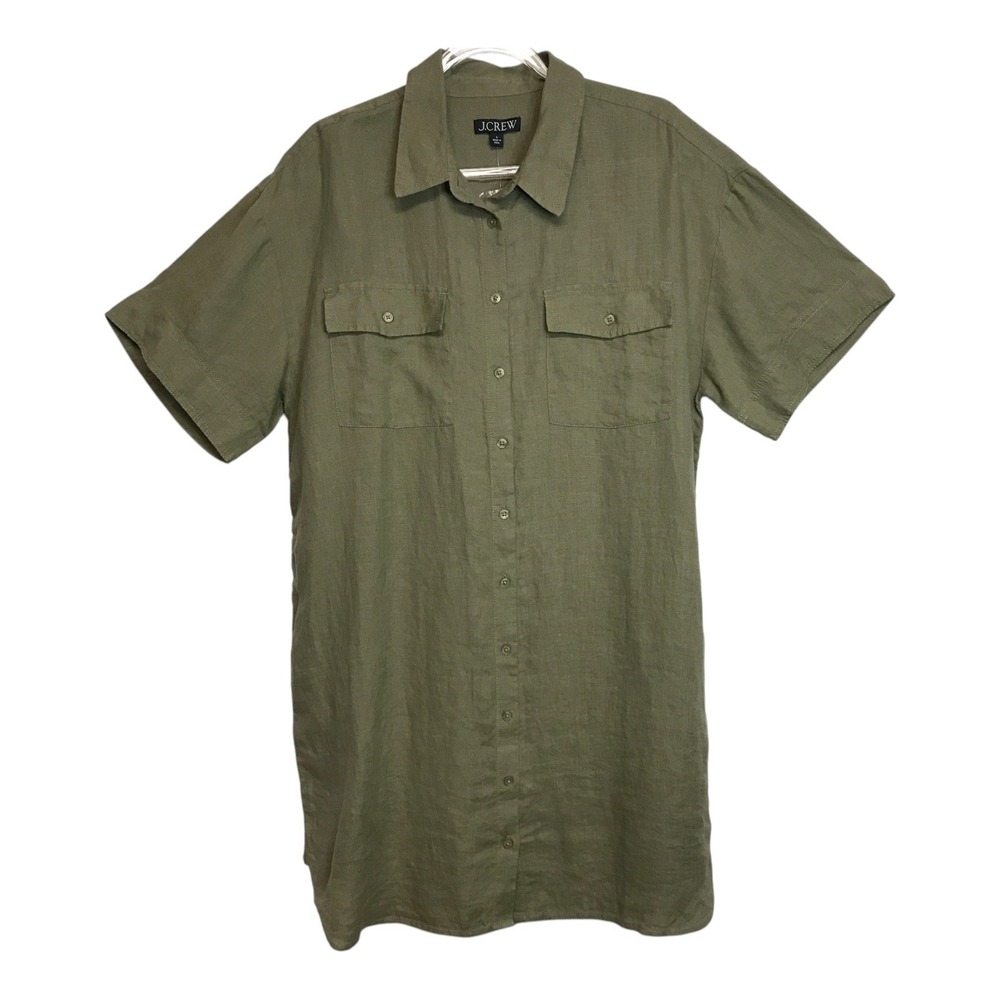 J Crew Womens Size L Olive Green 100% Linen Short Sleeve Button Down Shirt Dress
